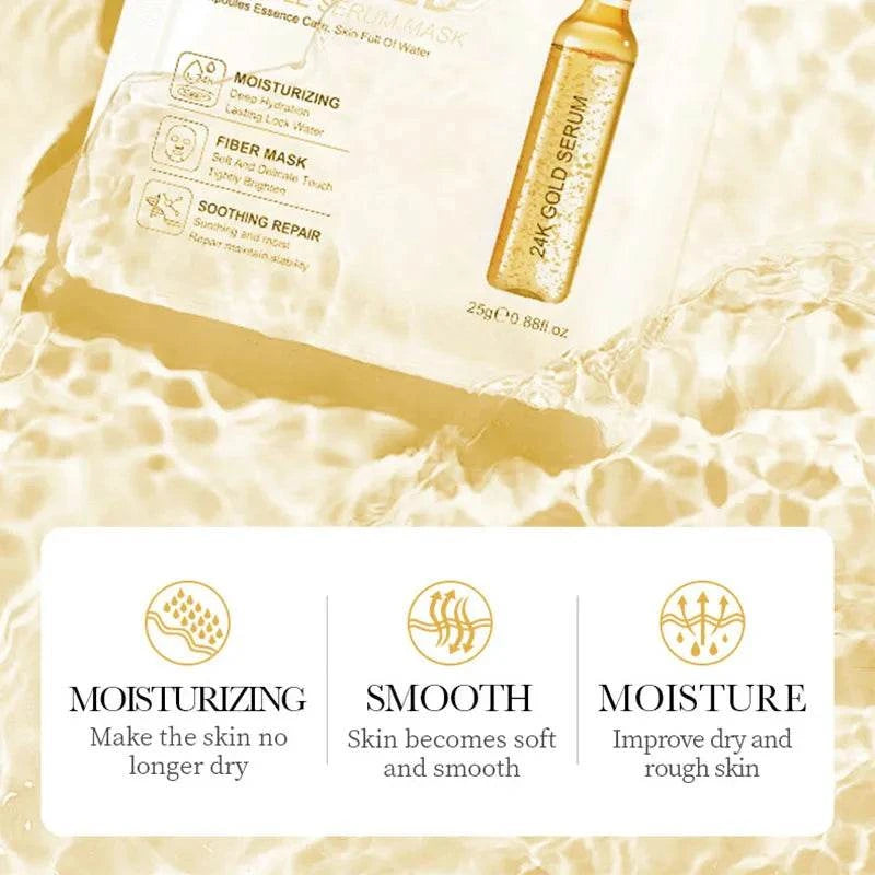 24K Gold Face Mask with gold serum packaging, featuring moisturizing, smoothing, and dry-skin care benefits setup