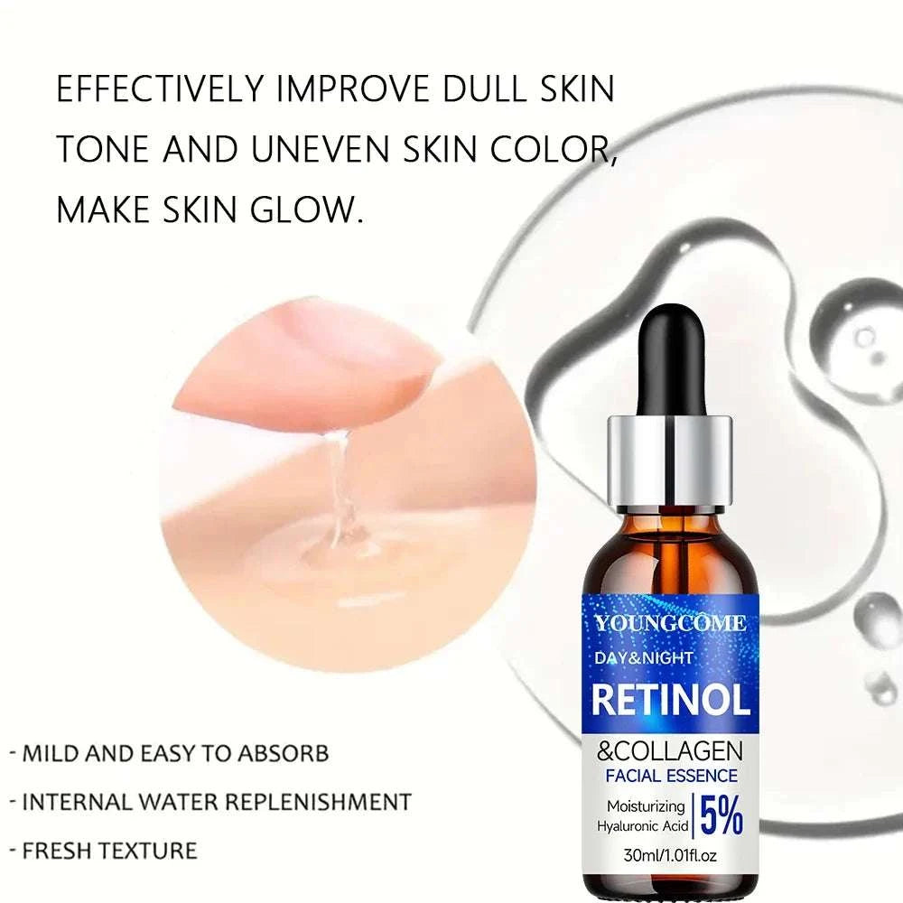 Retinol Cream Serum facial essence in an amber dropper bottle, blue and white label with collagen and retinol text