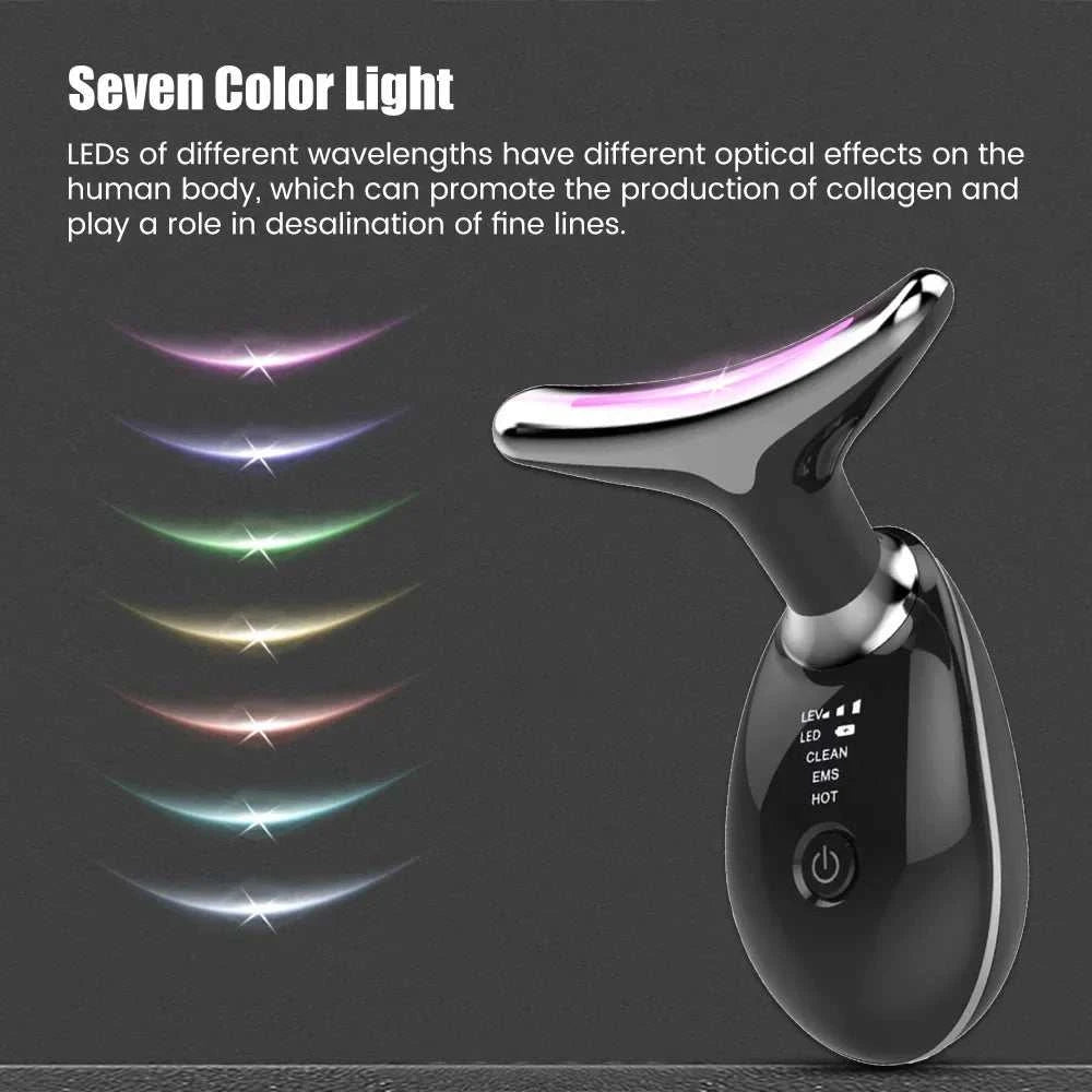 Face Neck Lift beauty device in glossy black acrylic with silver trim, curved handheld head and LED controls