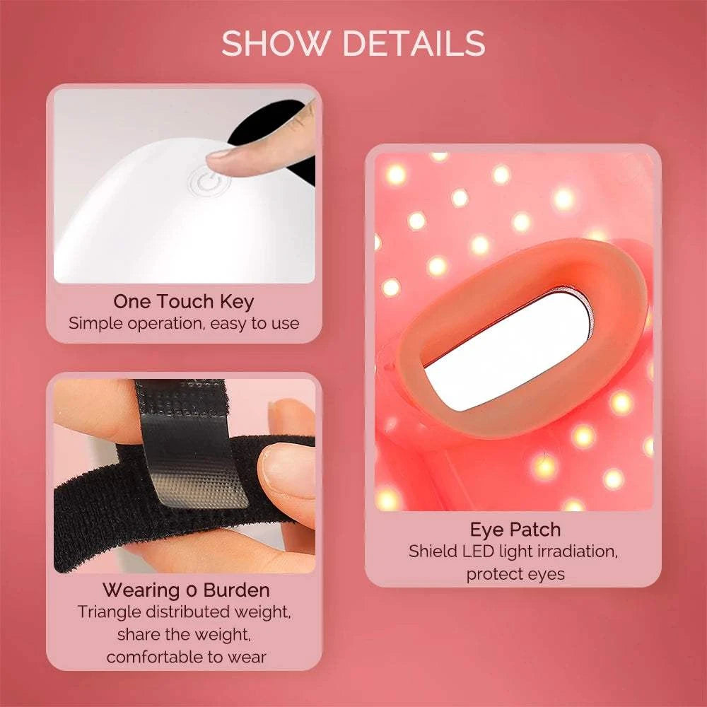 LED Face Neck Mask in white, with illuminated LED beads, eye openings, one-touch control and adjustable straps