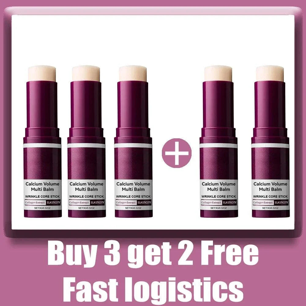 Calcium Volume Multi Balm cream sticks in burgundy tubes with cream caps and white labels, shown as a five-pack