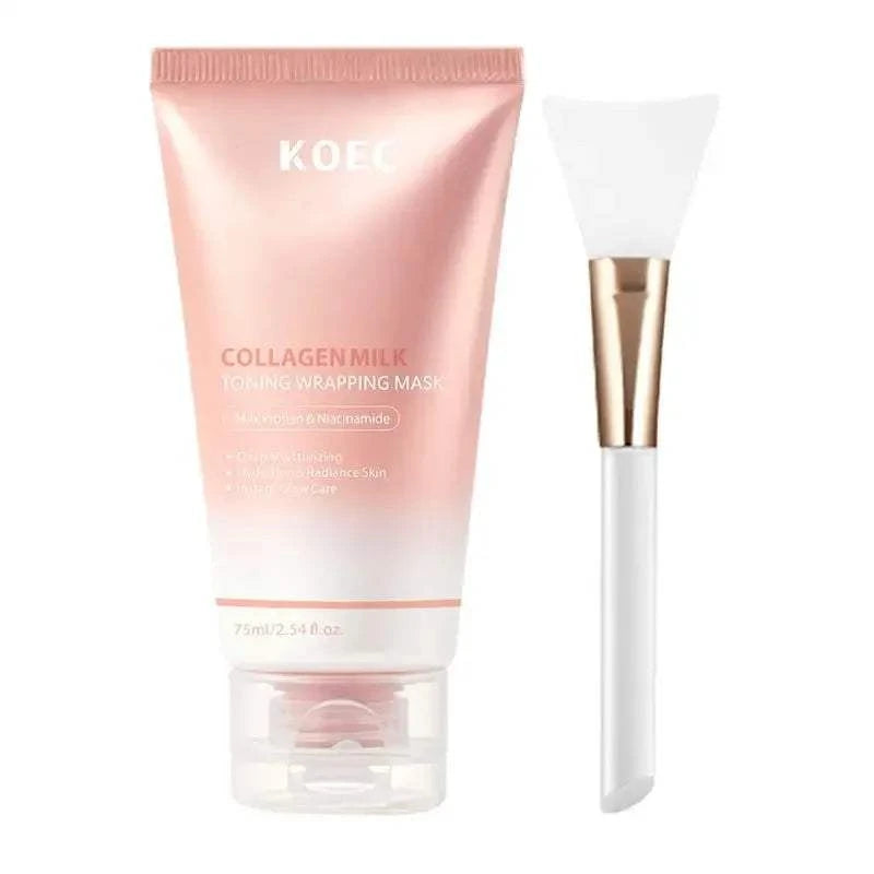 Wrapping Peel-Off Mask in a pink collagen milk tube with matching white facial application brush and rose-gold detail