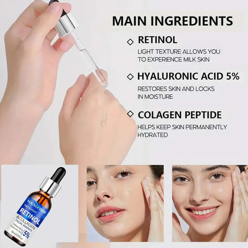 Retinol Cream Serum with glass dropper bottle, featuring retinol, hyaluronic acid and collagen peptide formula