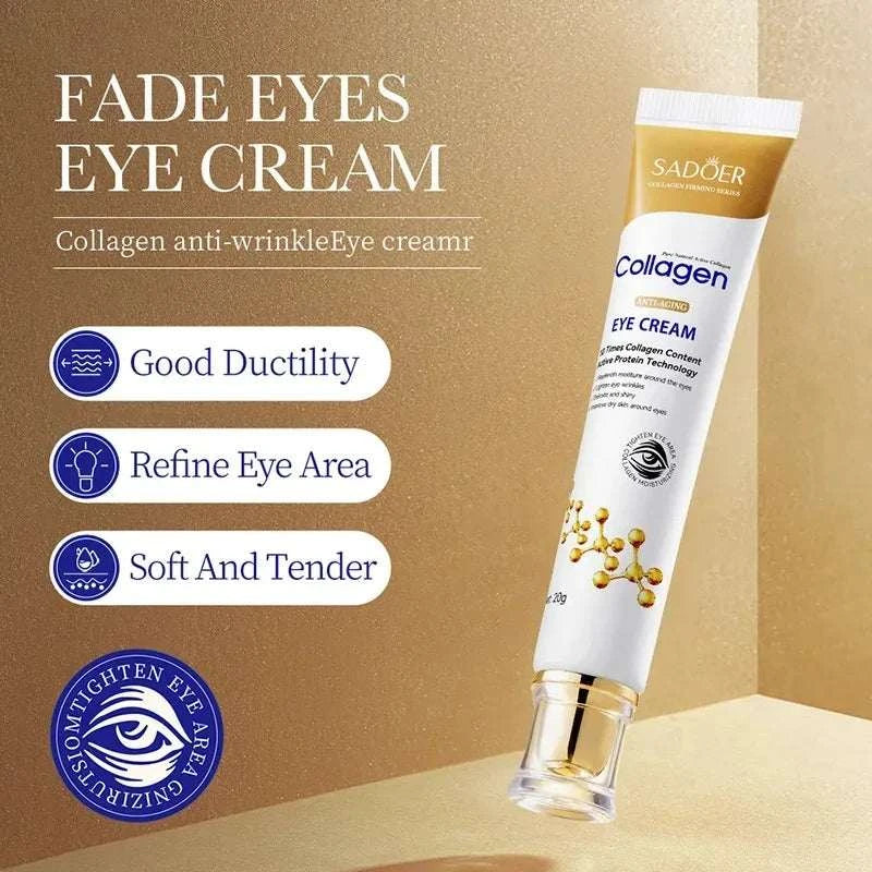 Collagen eye cream in a white and gold tube, featuring a metallic cap and collagen branding for under-eye care