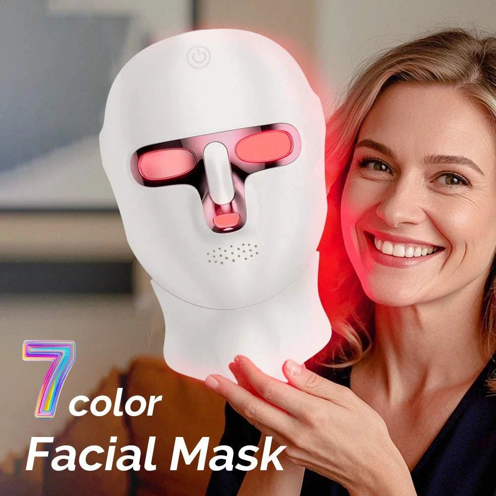 LED Face Neck Mask in white plastic with pink LED panels and a separate neck section for seven-color therapy