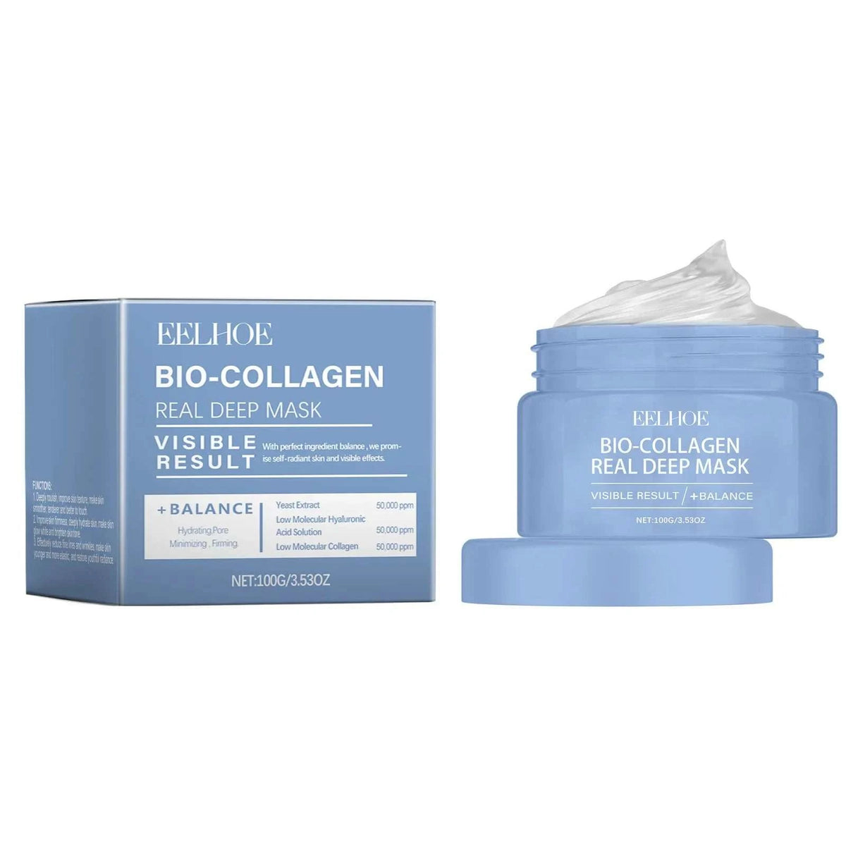 bio collagen face mask in blue packaging, shown as a peel-off gel mask in an open jar with matching box and lid