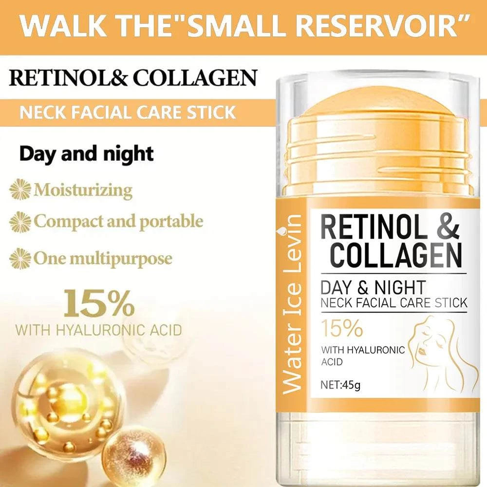 Neck facial care stick in a clear and gold compact tube, featuring Retinol and Collagen and 15% hyaluronic acid