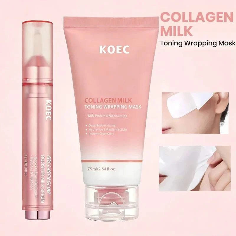 Wrapping Peel-Off Mask in a pink tube, featuring collagen milk formula, white cap, and peel-off application images