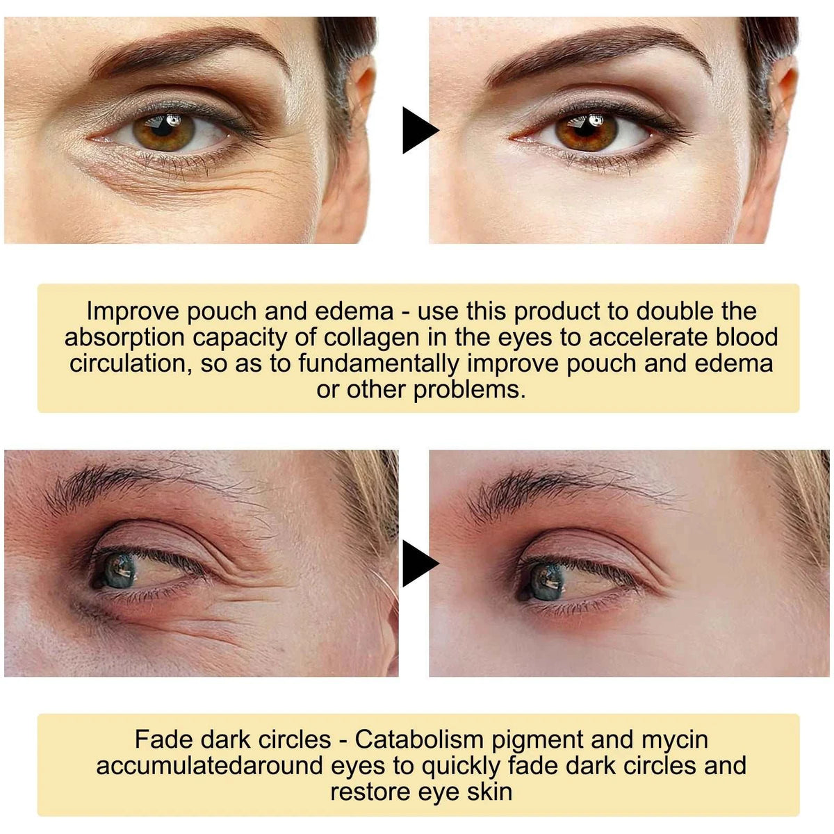 60PCS 24K Gold Eye Mask under-eye patches shown in before-and-after images for puffiness and dark circles