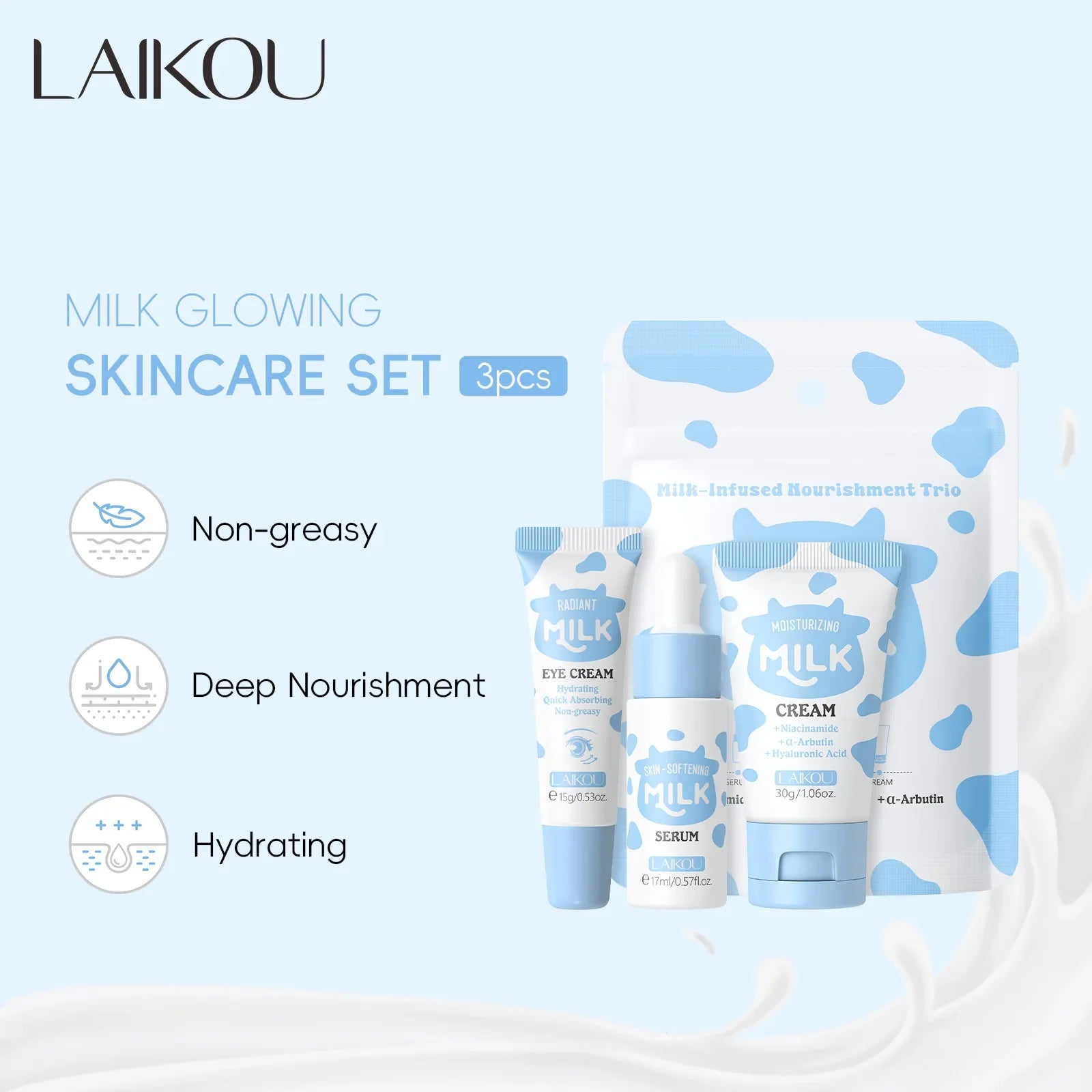 Deep Hydration Milk Skincare Set Softening Serum Gentle Eye Cream Radiant Moisturizing Glowing Trio