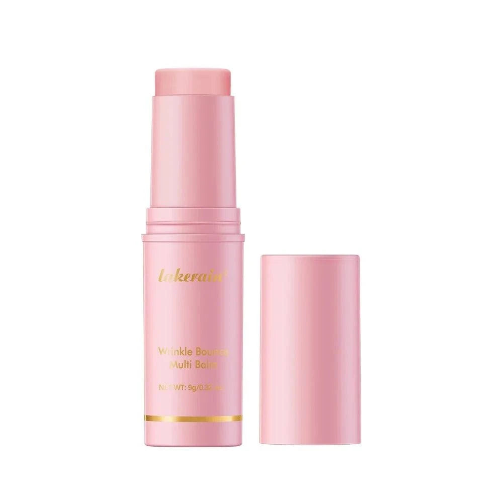 Wrinkle Bounce Multi Balm Stick in a pink plastic tube, shown open with a matching cap and gold lettering