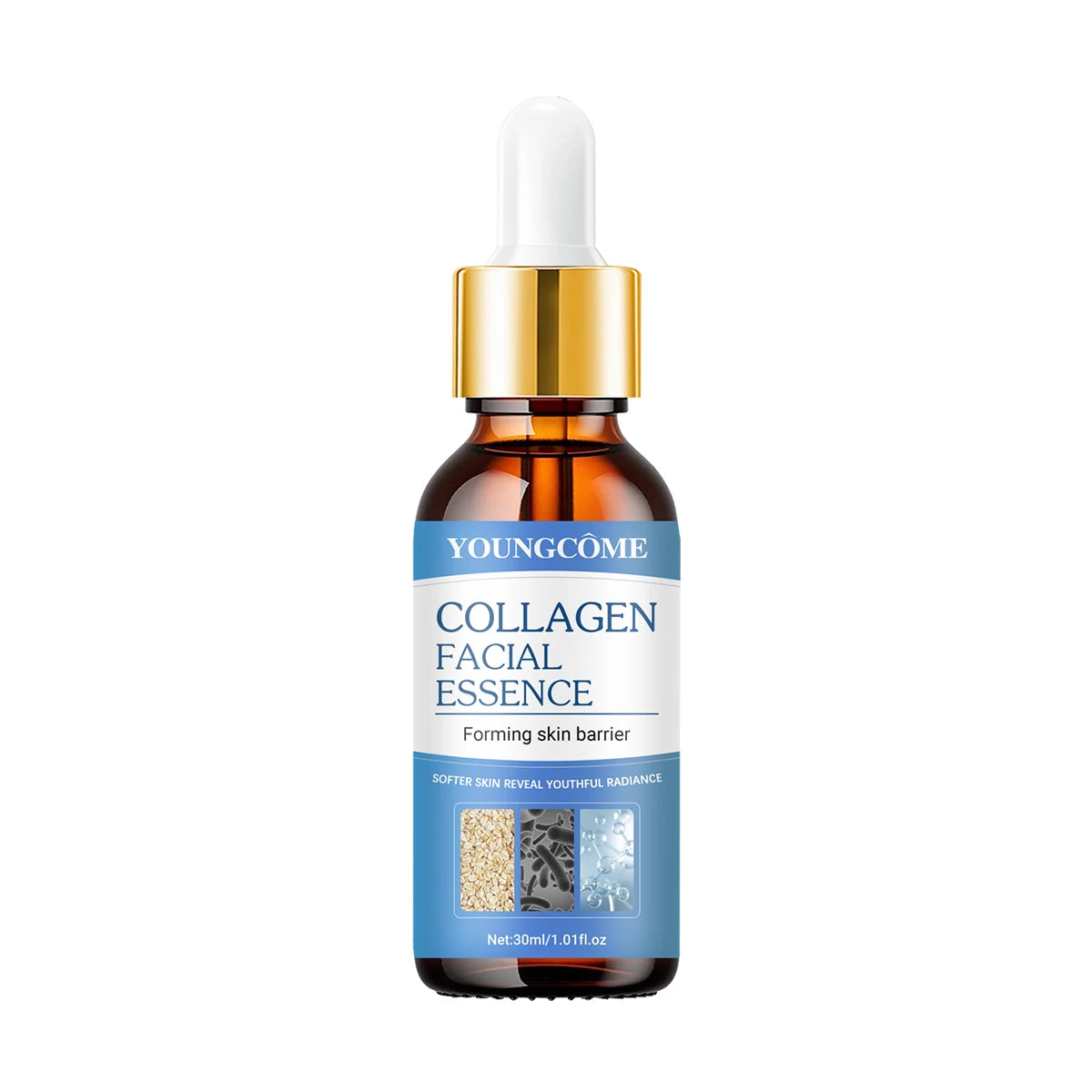 Collagen Face Serum in an amber glass dropper bottle with a gold cap and blue-white label, 30ml size