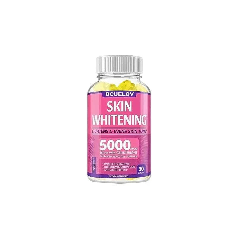 Skin whitening capsules in a clear bottle with pink label, yellow capsules, and 5000mcg glutathione; Skin Whitening with L-Glutathione