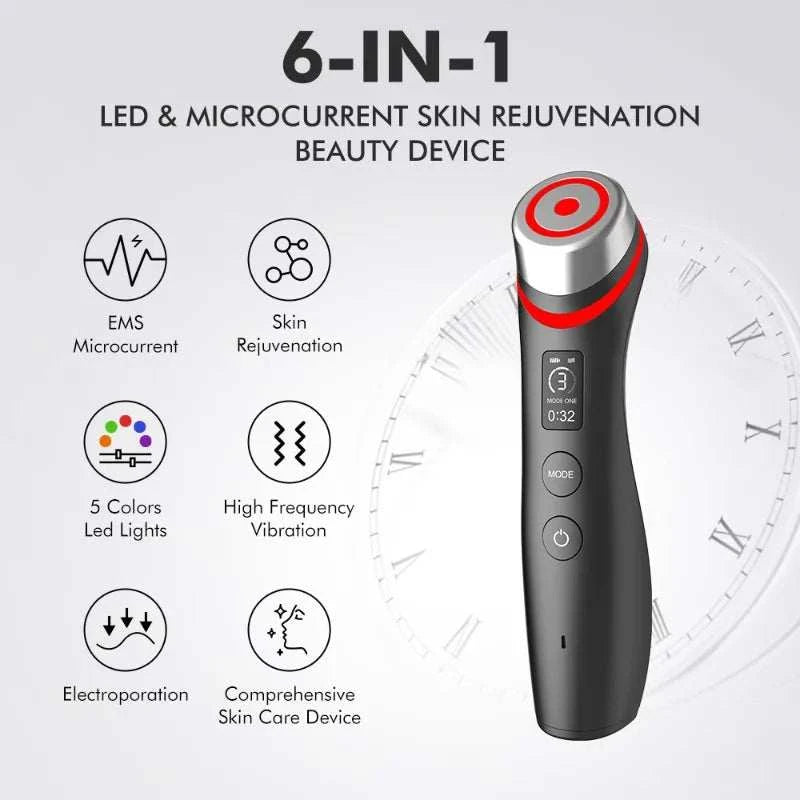 5-Color LED Light handheld beauty device in black and silver, featuring EMS microcurrent, vibration, and red accents