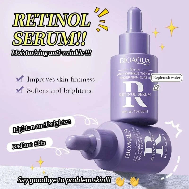 Facial Essence Serum in a lavender glass dropper bottle, labeled retinol serum with a matching bottle shown beside it.