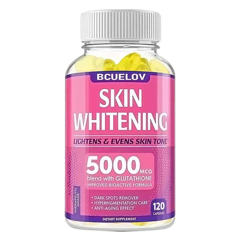 Capsule supplement bottle with pink Skin Whitening label and 120 capsules, Skin Whitening with L-Glutathione formula