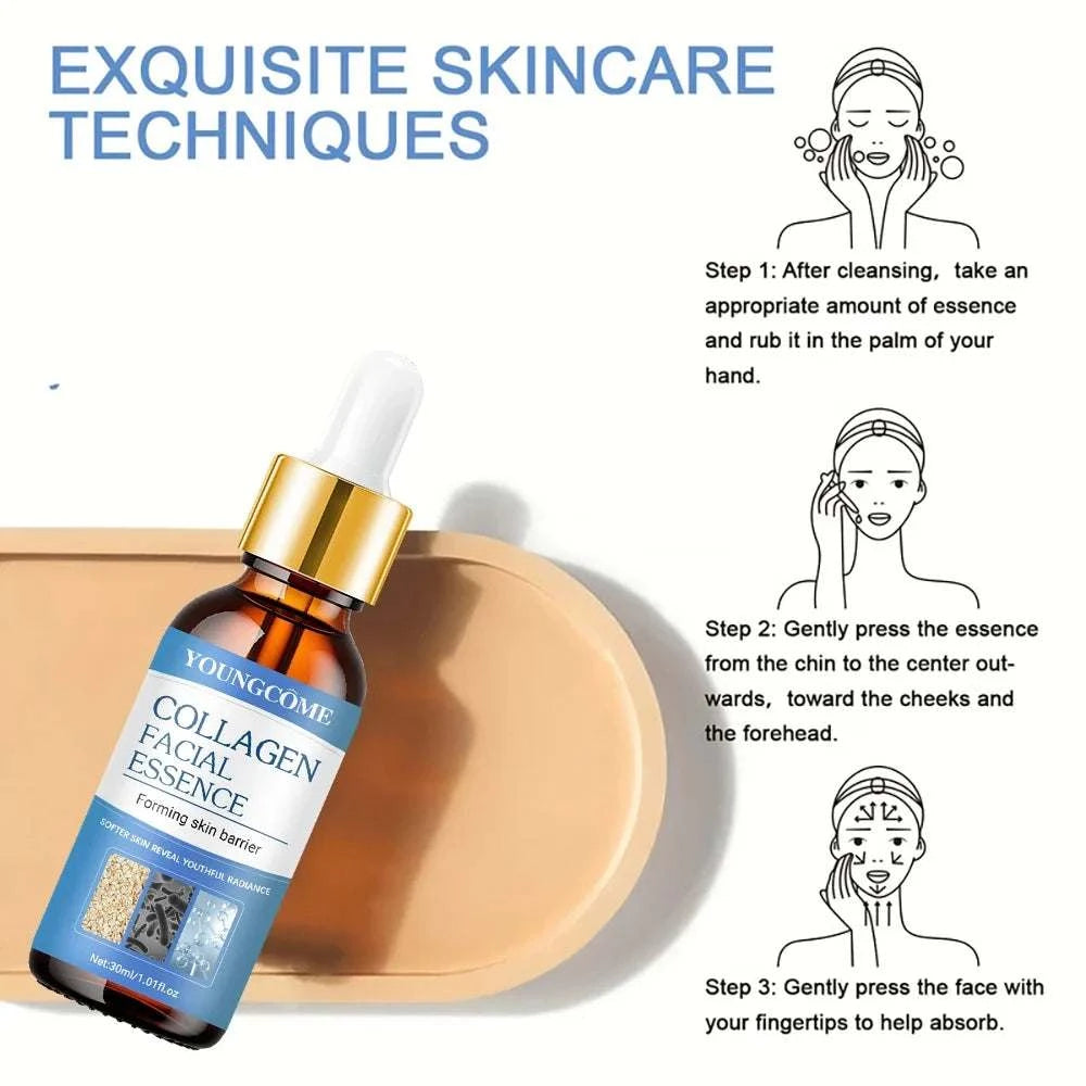 Collagen Face Serum in an amber glass dropper bottle with blue label and gold collar, collagen essence formula