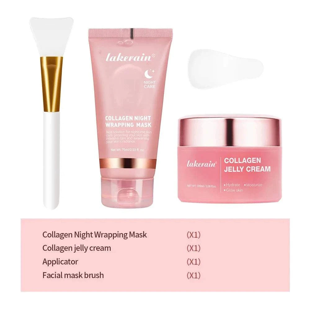 Overnight Wrapping Peel-Off Mask set in pink collagen jelly cream packaging with applicator brush and spatula