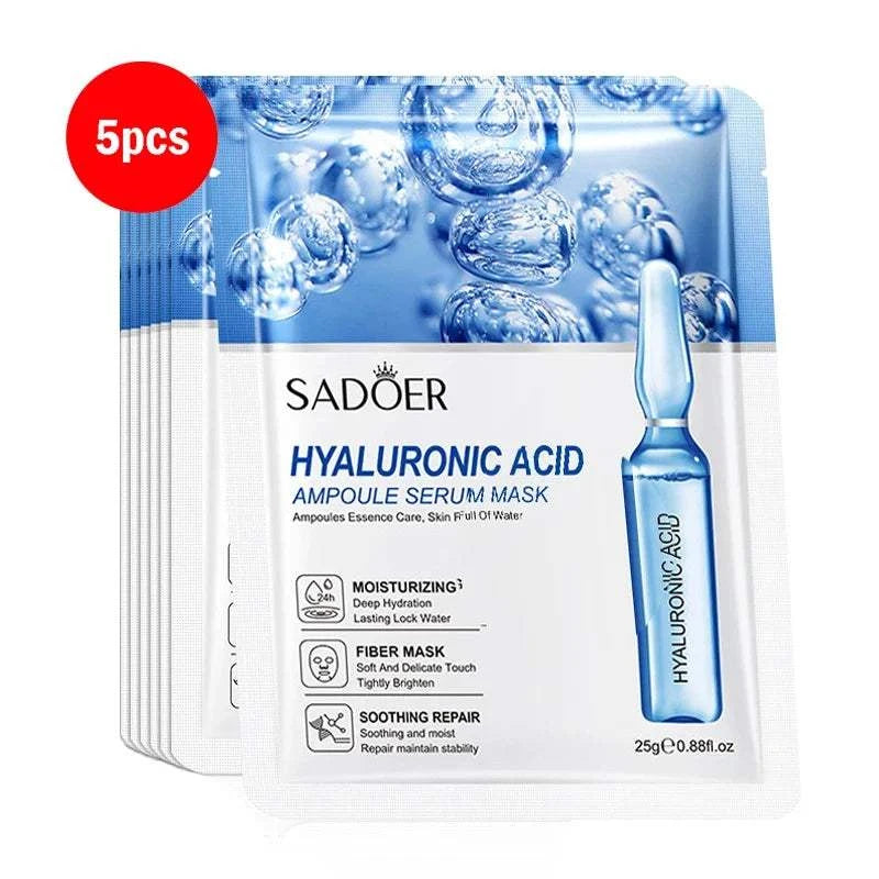 24K Gold Face Mask sachets with blue hyaluronic acid design, white packaging, and ampoule serum graphic, 5-pack