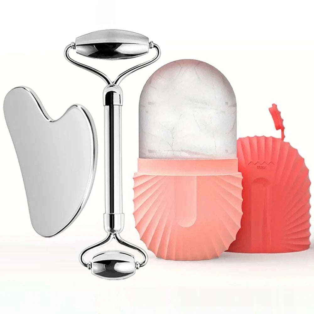Ice facial roller set with silver stainless steel roller, gua sha tool, and pink reusable cooling ice globes