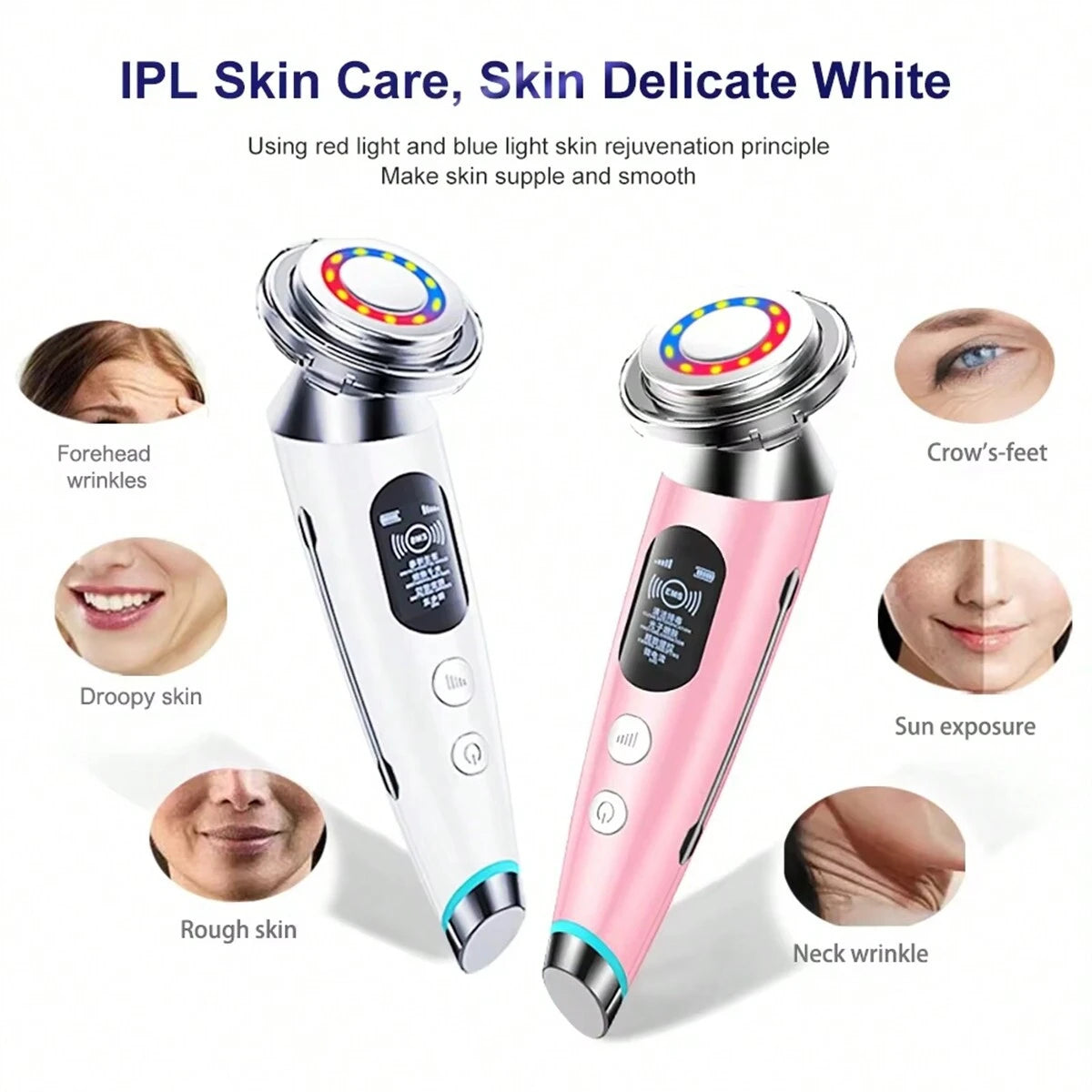 Ultrasonic RF Beauty Device with Red-Blue LED Photon Therapy Microcurrent Facial Massager&Ion Cleansing,Anti-Aging SkincareTools
