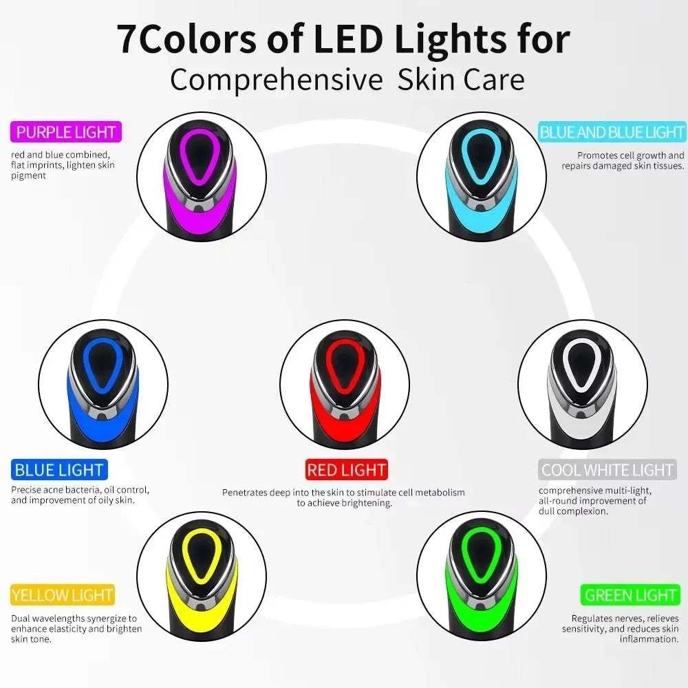7-Color LED Facial Lifting Wand with plastic teardrop head shown in seven LED colours for facial skincare