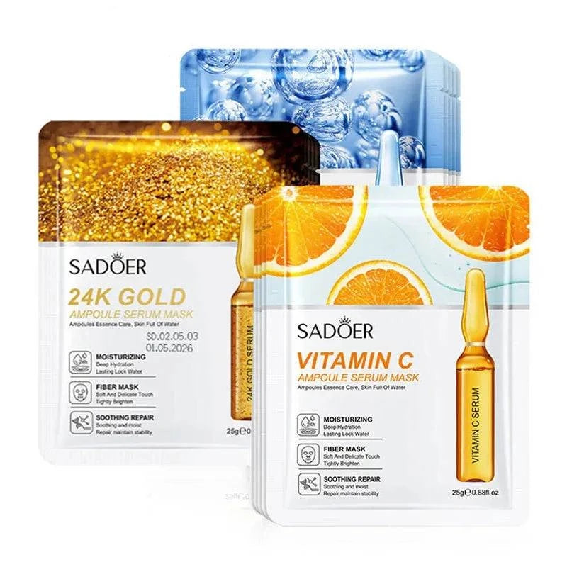 24K Gold Face Mask sachets with vitamin C, blue hyaluronic acid design, and gold serum ampoule packaging