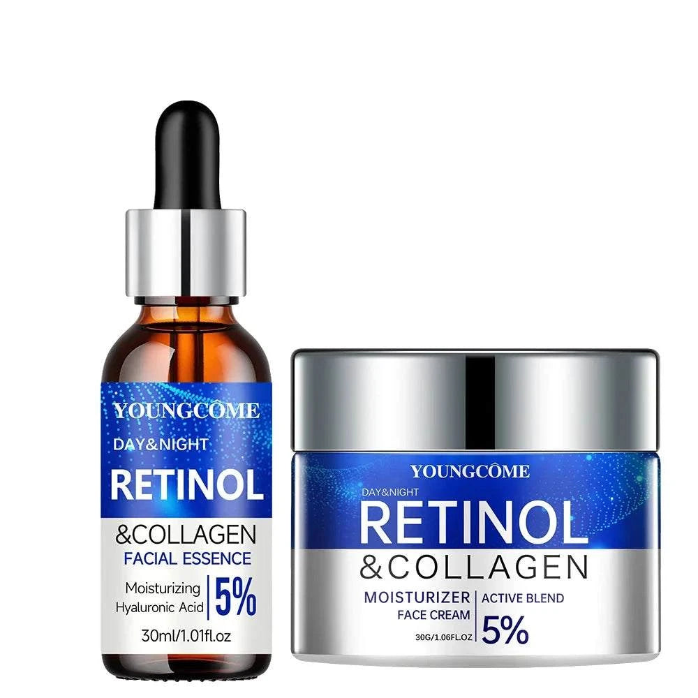 Retinol Cream Serum set with amber dropper bottle and silver cream jar, blue labels, 5% retinol and collagen