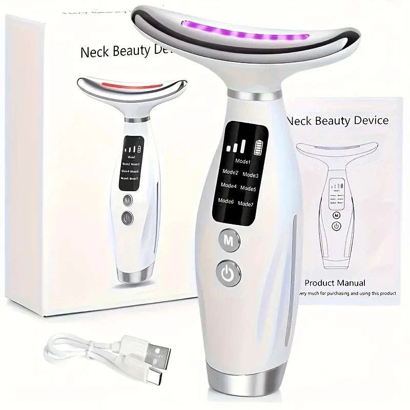 Face and neck beauty device with white plastic body, curved head, vibration massage and 7 Colors LED Lights