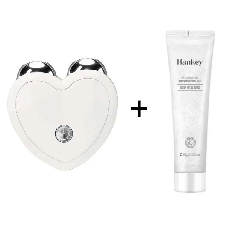 Microcurrent Face Beauty Instrument, white heart-shaped metal facial massager with matching HanKey moisturizing gel tube