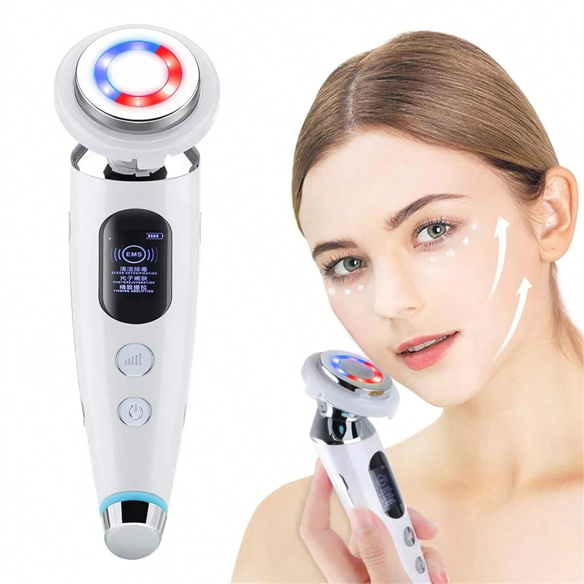 Ultrasonic RF Beauty Device with Red-Blue LED Photon Therapy Microcurrent Facial Massager&Ion Cleansing,Anti-Aging SkincareTools