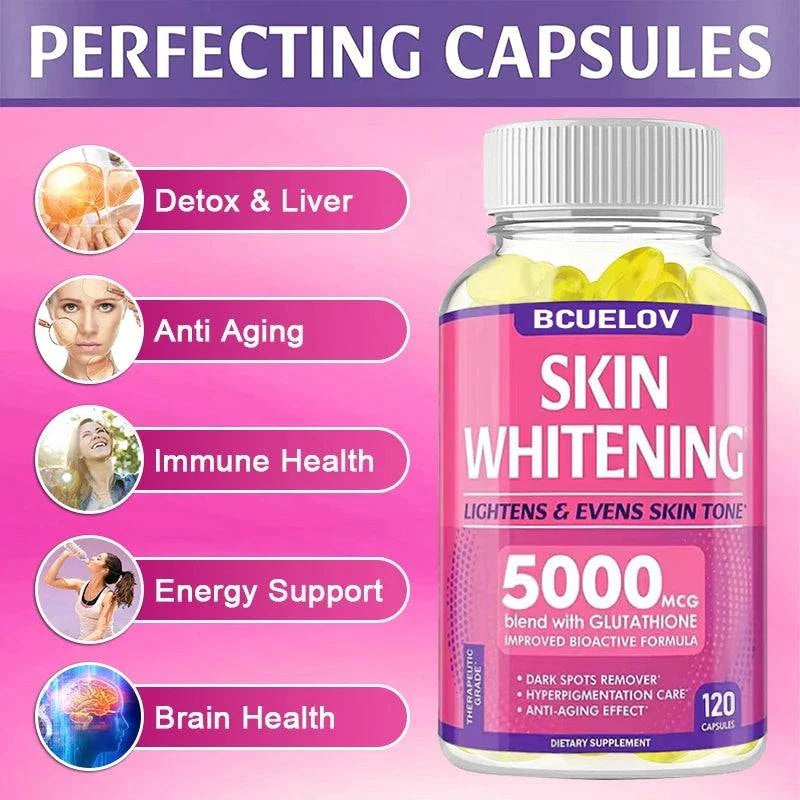 Skin Whitening with L-Glutathione capsules in a clear bottle, featuring a pink label and 5000mcg formula