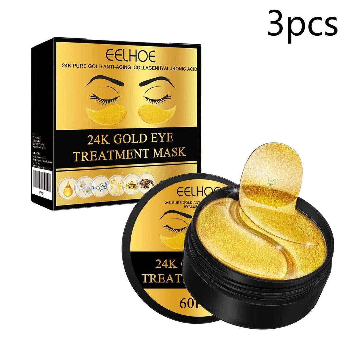 60PCS 24K Gold Eye Mask patches, shimmering gold hydrogel under-eye pads in a black jar with box