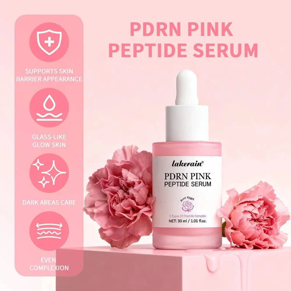 Serum bottle in pink glass with white dropper, floral label and Salmon DNA PDRN Pink Peptide Serum text