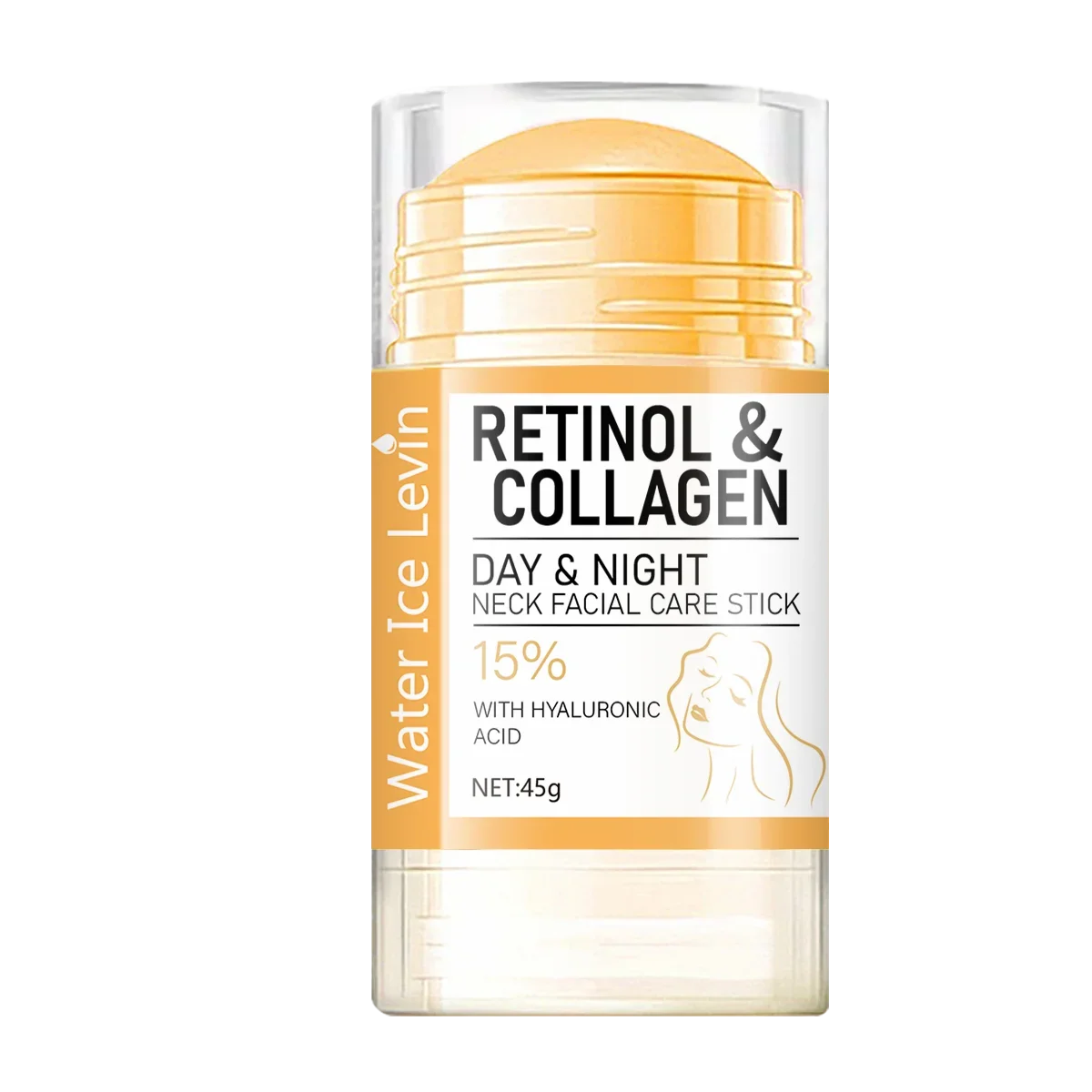 Retinol and Collagen neck facial care stick in a clear tube with orange and white label, 45g twist-up balm