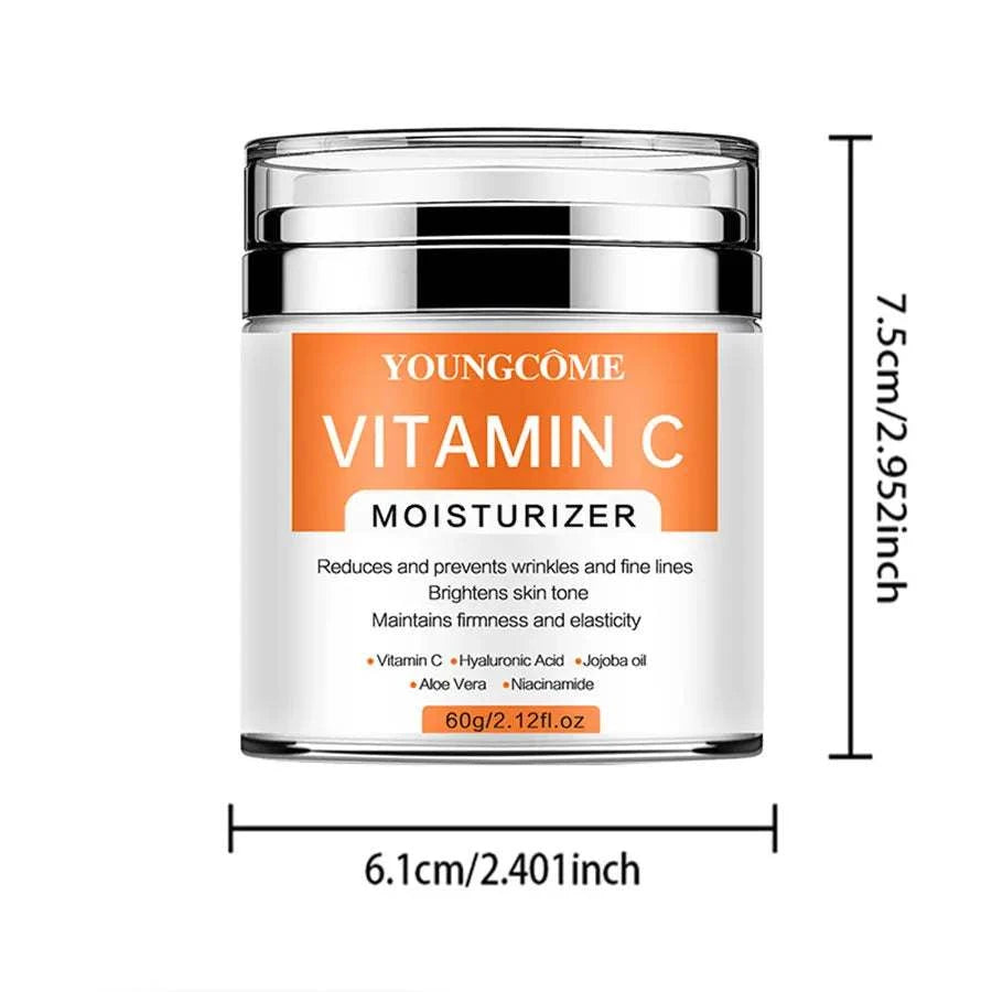 Vitamin C Face Cream in a clear jar with orange label, creamy moisturizer for brightening and smoothing skin