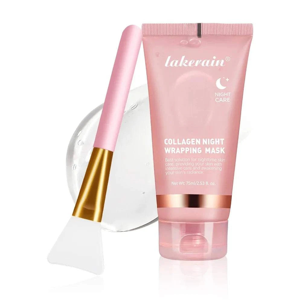 Overnight Wrapping Peel-Off Mask in a pink collagen night-care tube with a matching application brush and spatula set