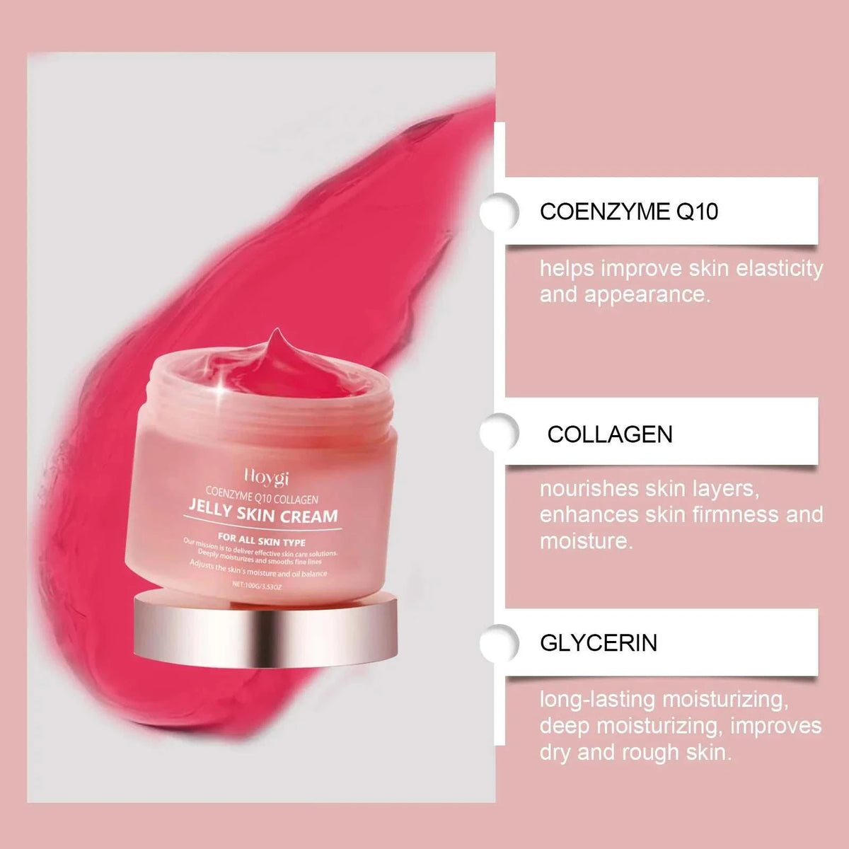 Collagen Jelly Cream in a pink glass jar with glossy jelly texture and metallic silver lid, 100g jar