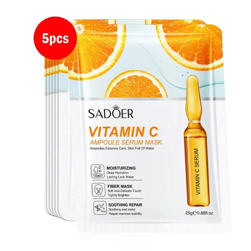 24K Gold Face Mask vitamin C ampoule serum mask with orange pattern packaging and moisturizing formula, 5-piece set