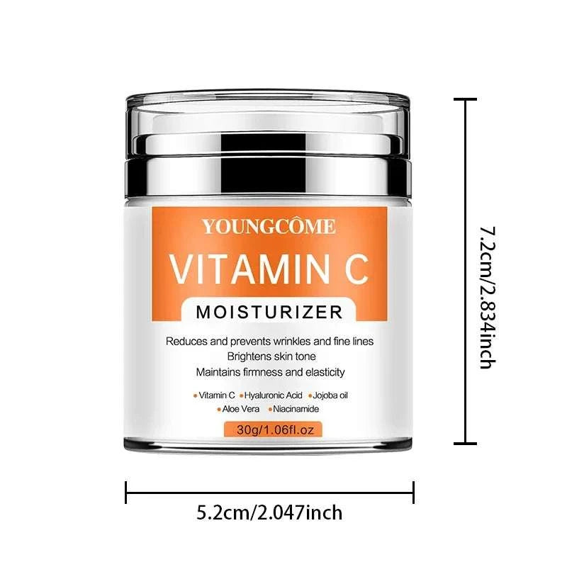 Vitamin C Face Cream in a clear jar with a silver lid and orange-and-white moisturizer label, 30g jar