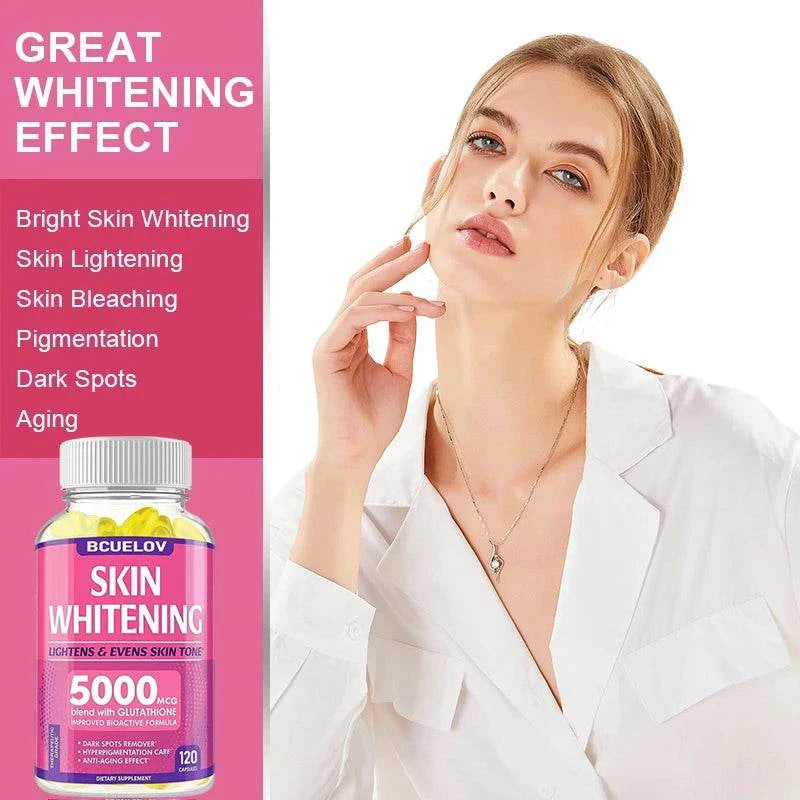 Skin whitening supplement bottle, pink label with 120 capsules, shown alongside a woman; Skin Whitening with L-Glutathione