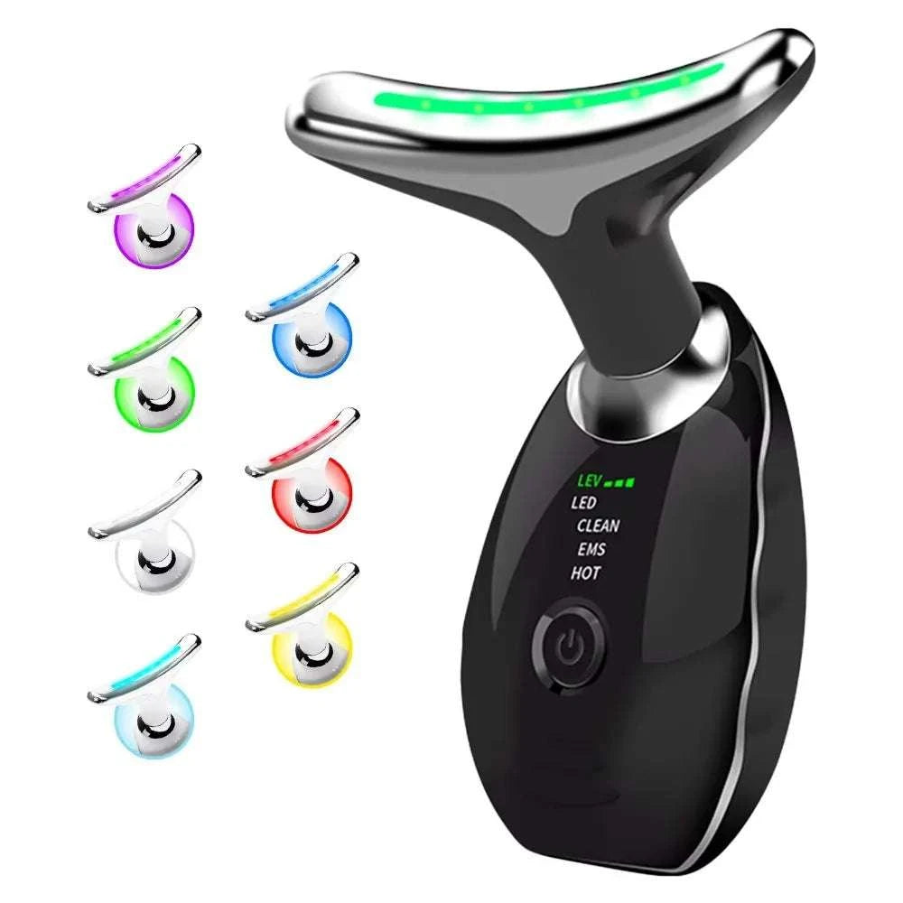 Face and neck massager with black plastic body, curved silver head and seven-color LED lights, LED Lights Face Neck device