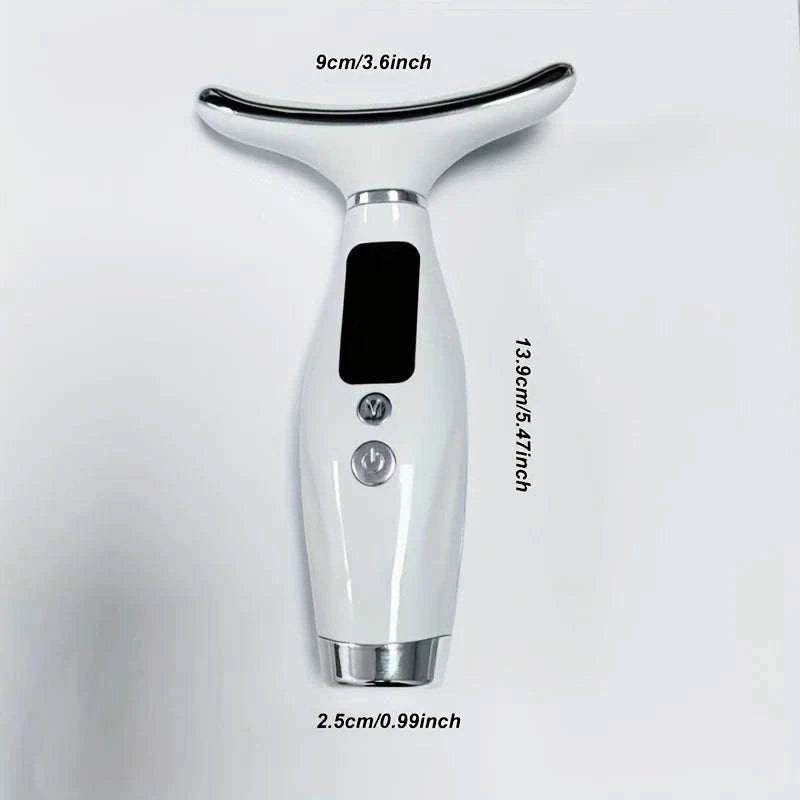 Face and neck vibration lifting device in white with chrome accents and a curved T-bar, featuring 7 Colors LED Lights