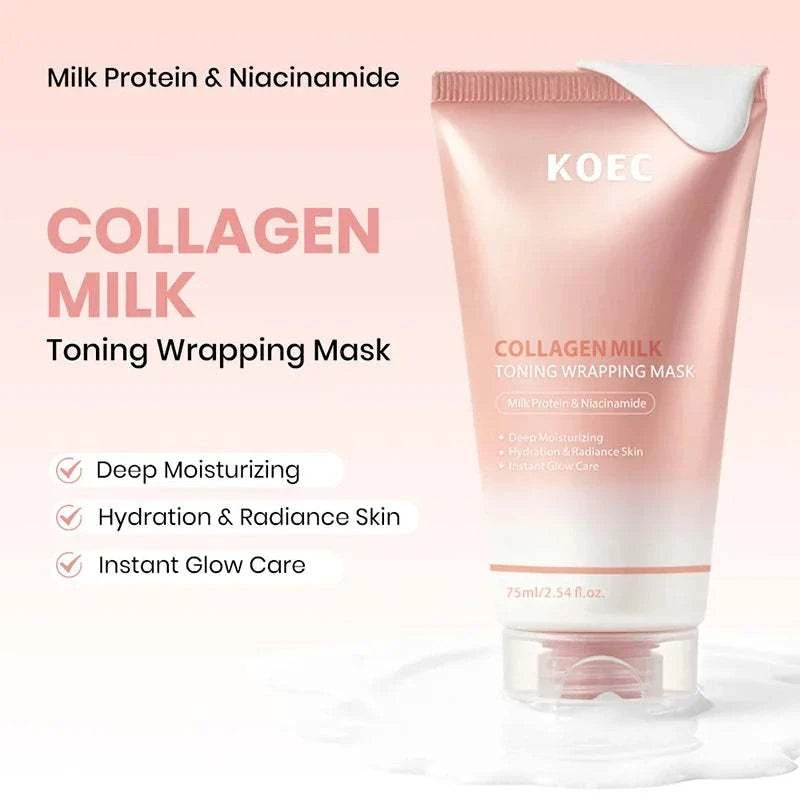 Wrapping Peel-Off Mask in a pink tube, featuring collagen milk and niacinamide toning care, 75ml size