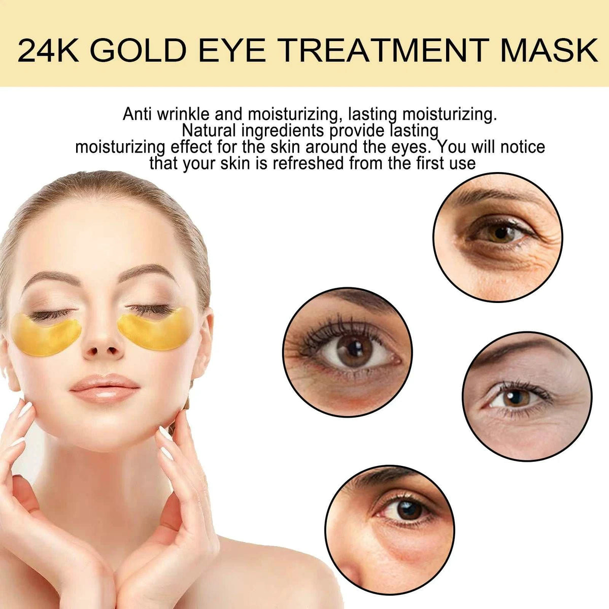 60PCS 24K Gold Eye Mask featuring curved gold under-eye patches for moisturizing and brightening care