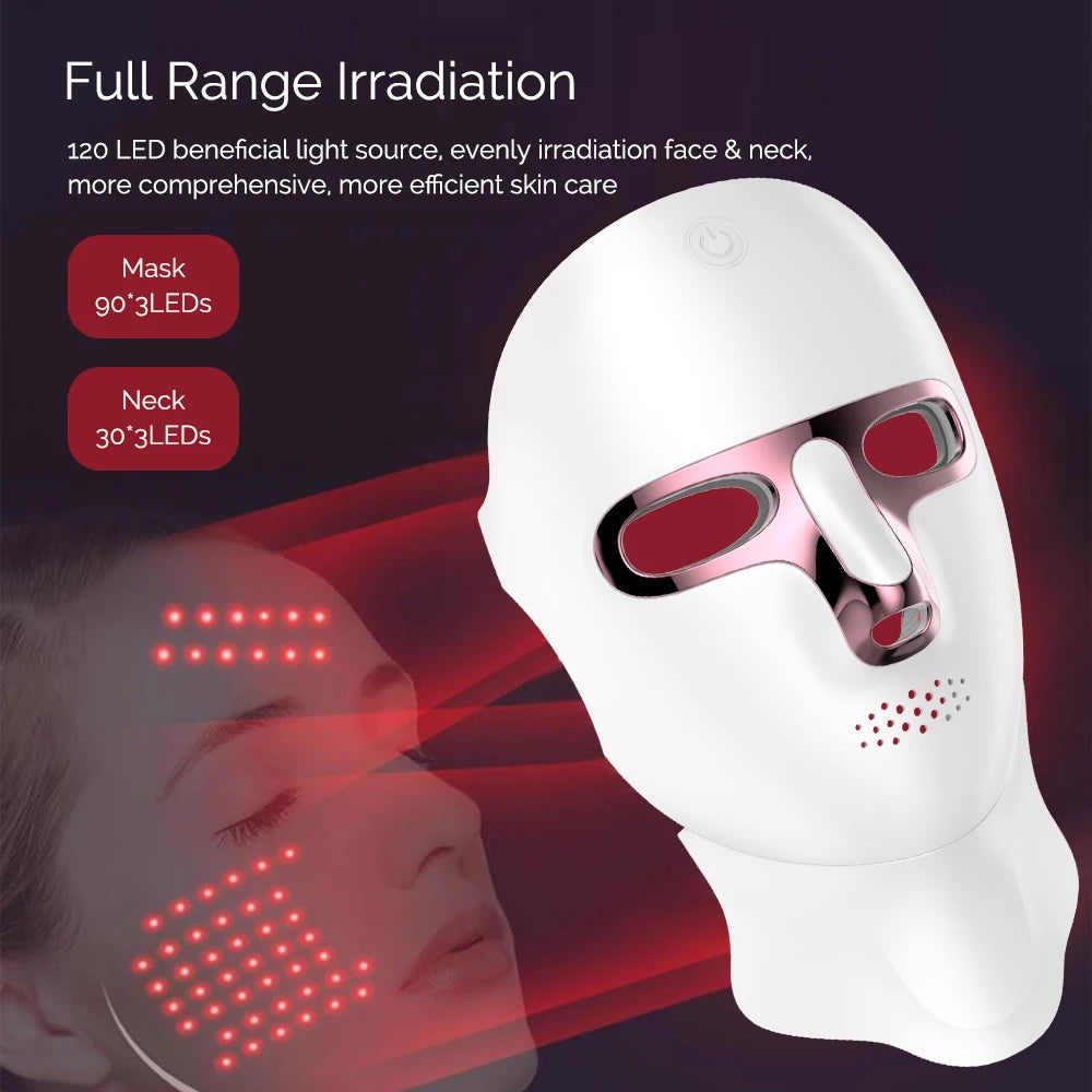 Rechargeable 7-Color LED Face mask, white plastic design with pink accents and face-neck coverage