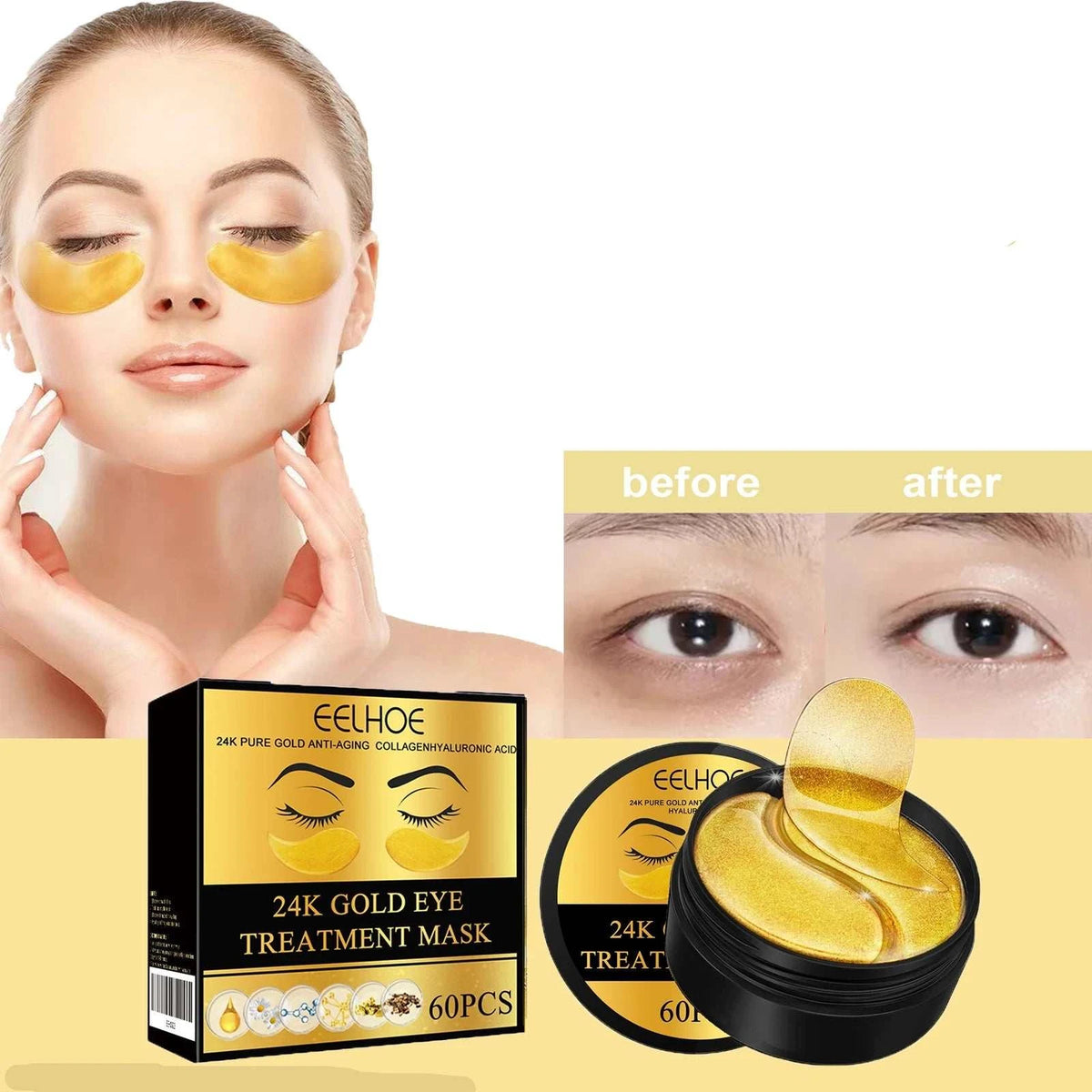 60PCS 24K Gold Eye Mask, golden hydrogel under-eye patches in a black jar with 60 pieces shown