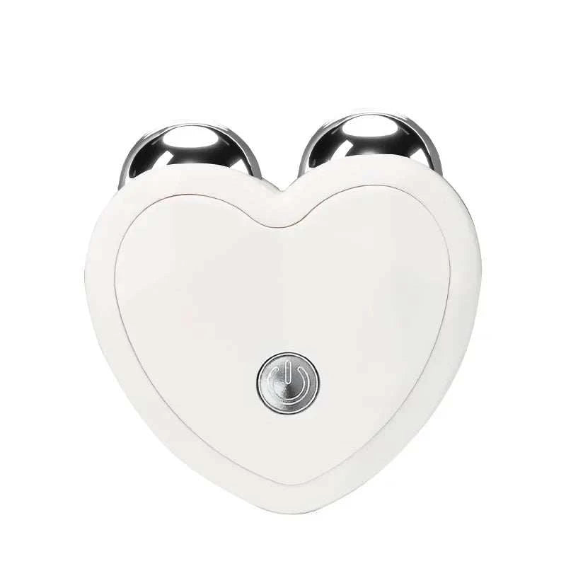 Microcurrent Face Beauty Instrument, white heart-shaped facial massager with twin chrome massage spheres and power button