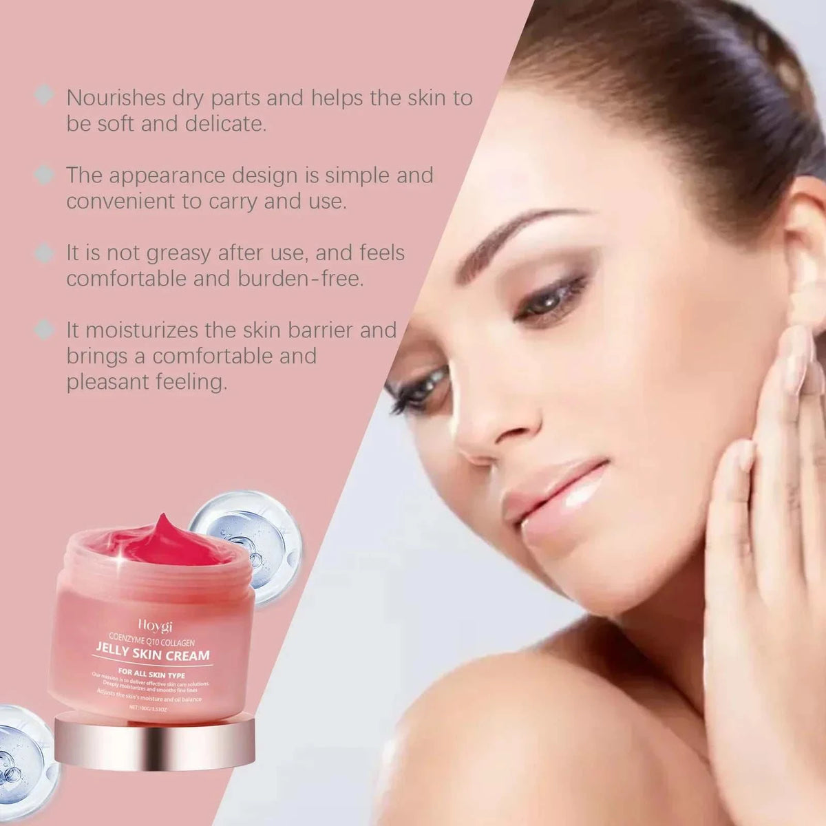 Collagen Jelly Cream in a pink jar with a translucent gel texture and metallic silver lid, featuring collagen skincare