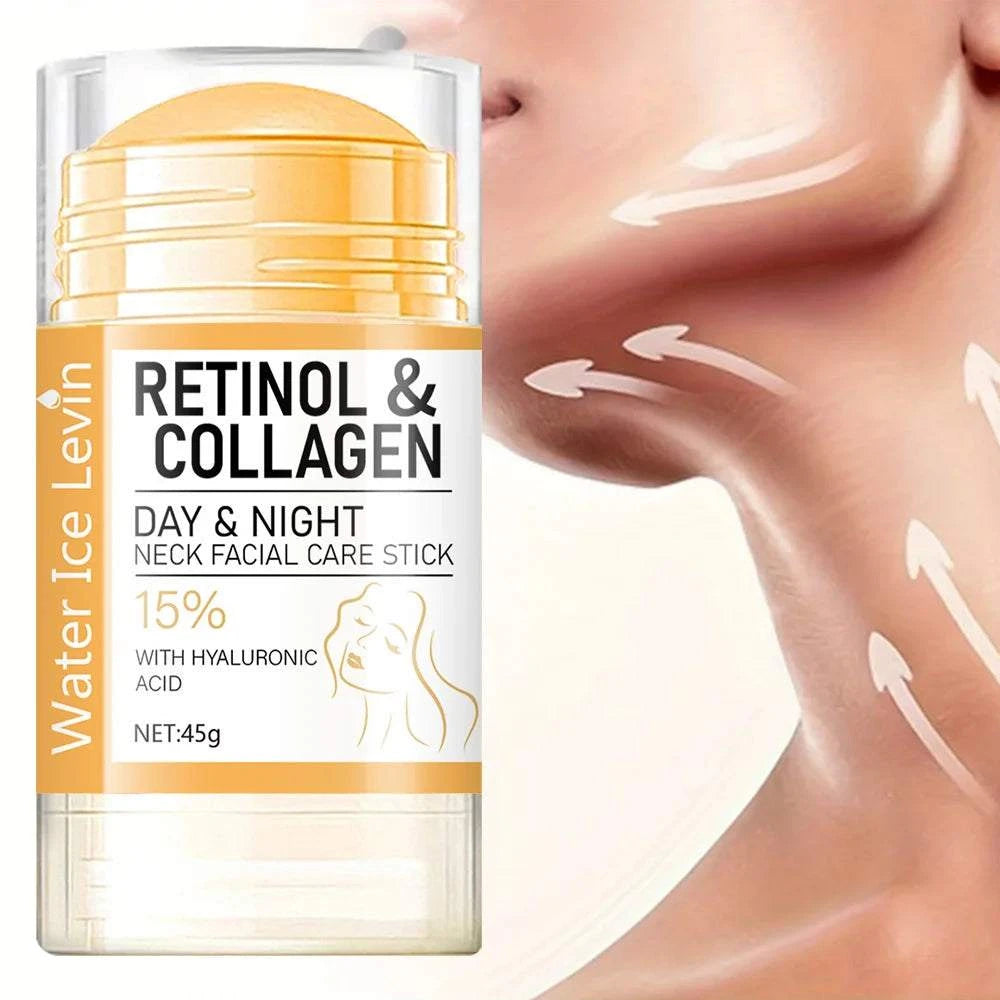 Retinol and Collagen face and neck care stick in a clear tube with gold cream and white label